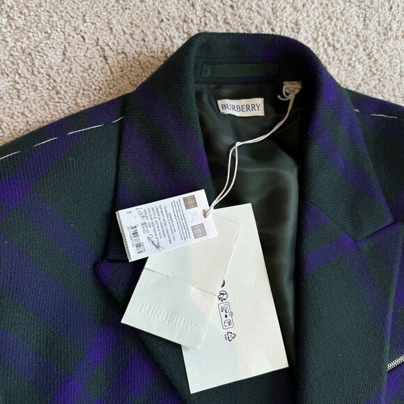 Burberry Wool Deep Royal Check Green Purple Double Breasted Coat 52 NEW Jacket - Picture 6 of 7